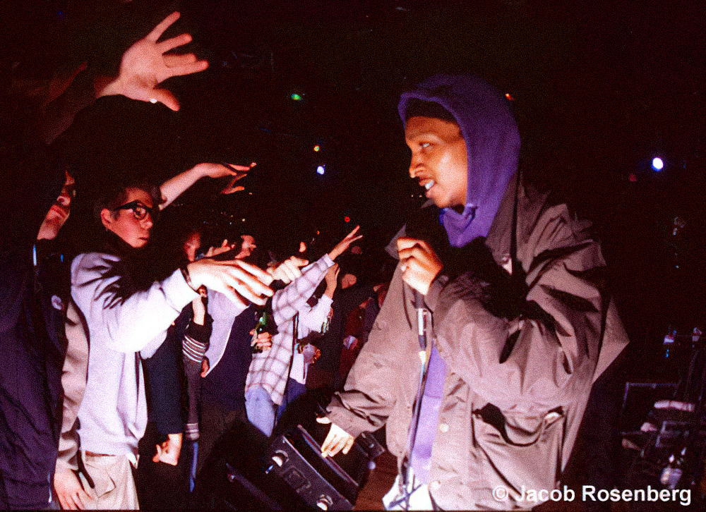 Hieroglyphics performer connecting with crowd, 1997